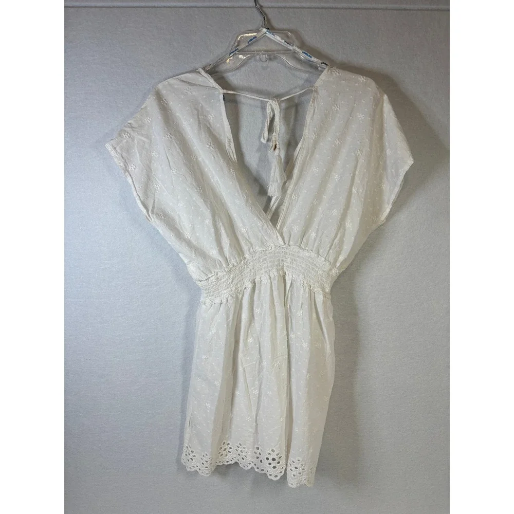 Blue Island White Cotton Eyelet Smocked Waist Cover Up Dress Small 9004-465